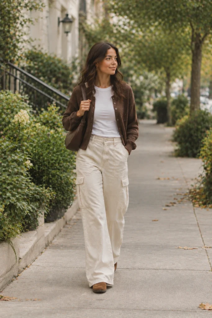 Cream cargo pants with a brown cardigan and shoulder bag, a practical look in our outfits ideas for women
