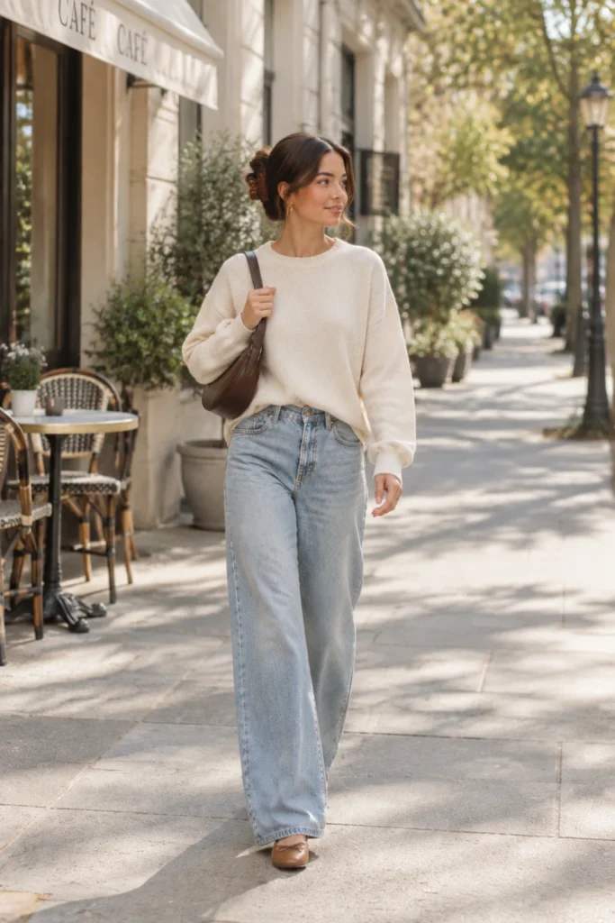 Cream knit sweater with light wide-leg jeans and a brown shoulder bag, a soft take on outfits ideas for women