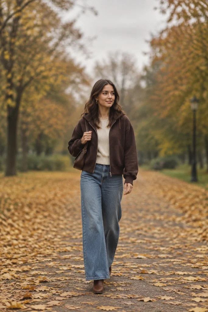 Woman walking through fall leaves in a brown hoodie, cream knit and wide-leg jeans, one of the best outfits ideas for women this season