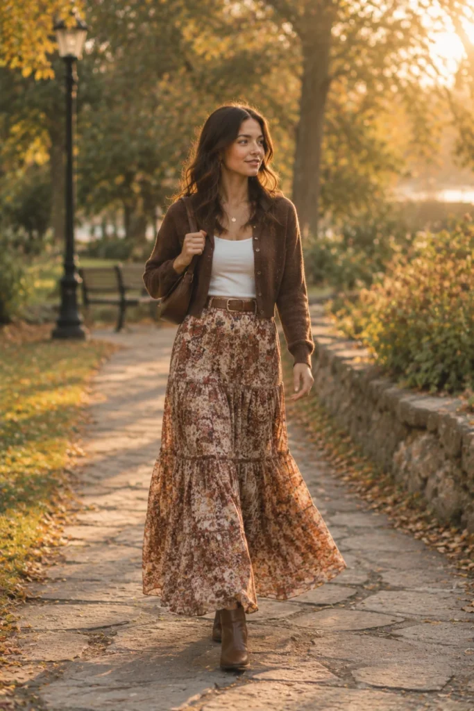 Floral tiered maxi skirt with a cropped brown cardigan, a romantic fall look from our outfits ideas for women