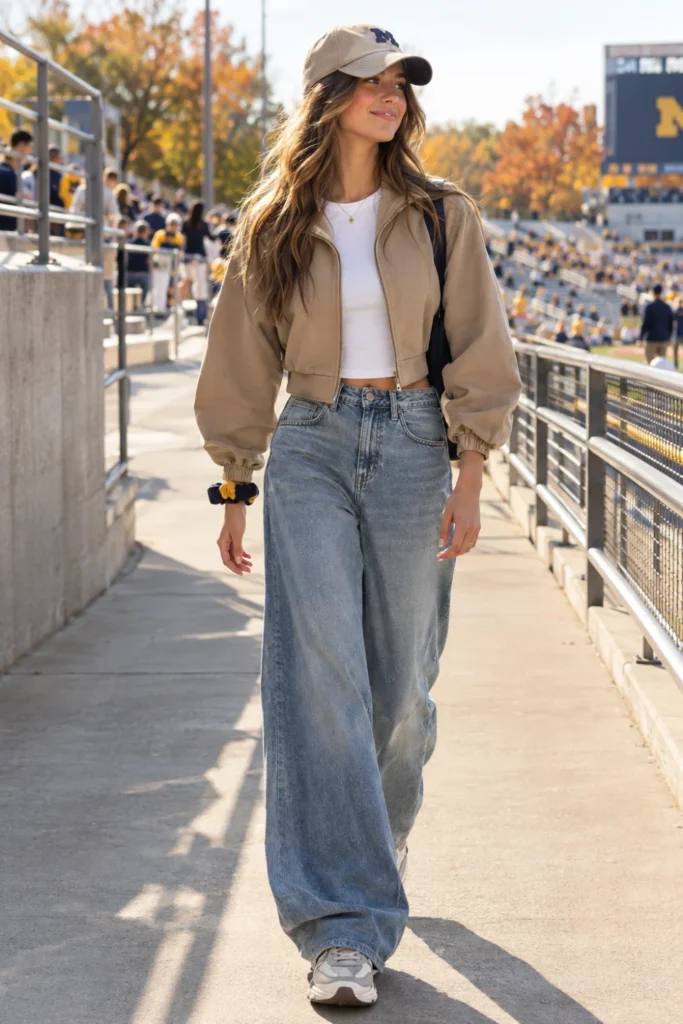 Baggy jeans with a cropped jacket and baseball cap for homecoming weekend, a game-day pick in outfits ideas for women