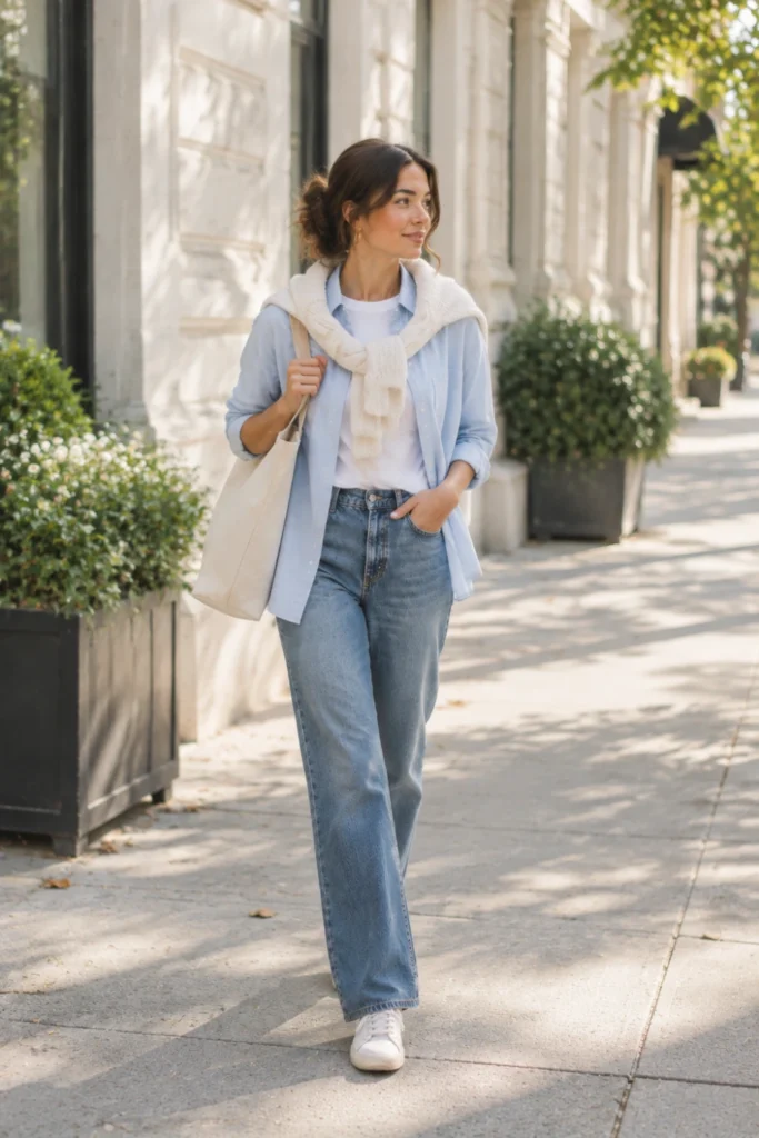 Light blue button-up worn open over a white tee with straight jeans, a five-minute idea from these outfits ideas for women
