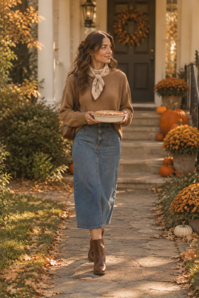 Knit sweater with a denim midi skirt and ankle boots, a Thanksgiving-ready look from our outfits ideas for women