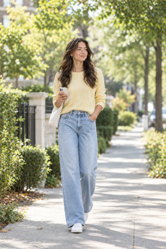 Preppy outfits idea in a butter yellow sweater and light-wash wide-leg jeans with white sneakers
