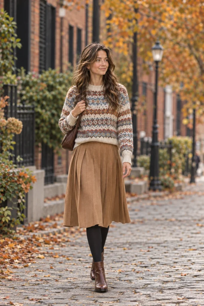 Preppy outfits for cold days with a fair-isle sweater, pleated midi skirt, tights and ankle boots