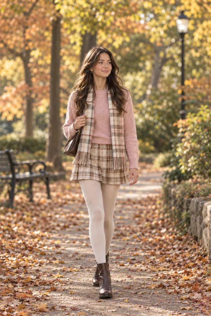 Preppy outfits for fall with a plaid mini skirt, blush sweater and matching plaid scarf