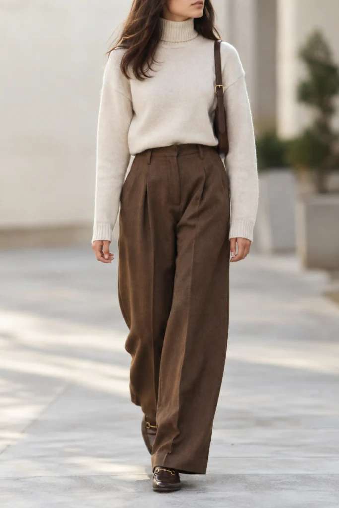 Roll-neck sweater and trousers, a cozy school outfit for 2026