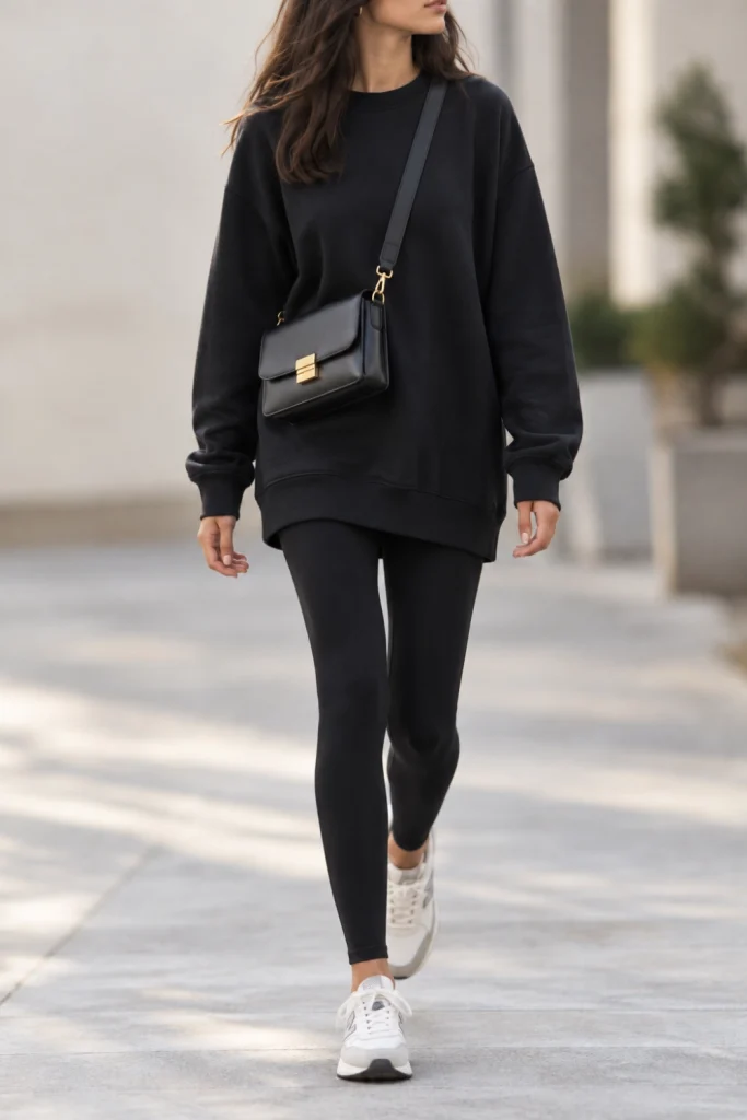 Elevated athleisure school outfit with leggings and oversized crewneck