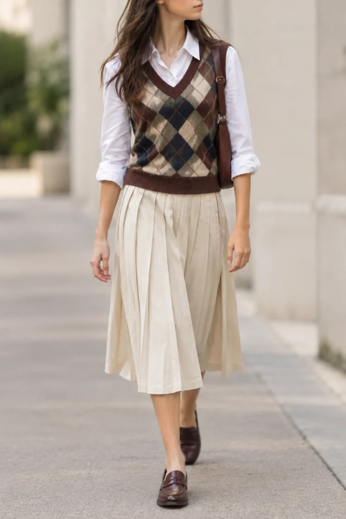 Preppy school outfit with argyle vest and pleated skirt, one of 10 school outfits for 2026