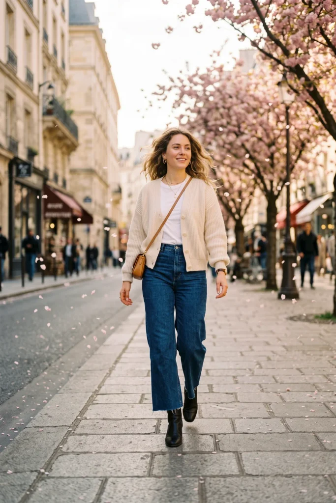 Woman walking down a sunny street wearing a cream cardigan and wide-leg jeans, one of the top spring outfits for 2027