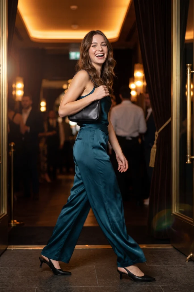 Satin two-piece set with wide-leg trousers, a spring outfits idea for a night out without a dress