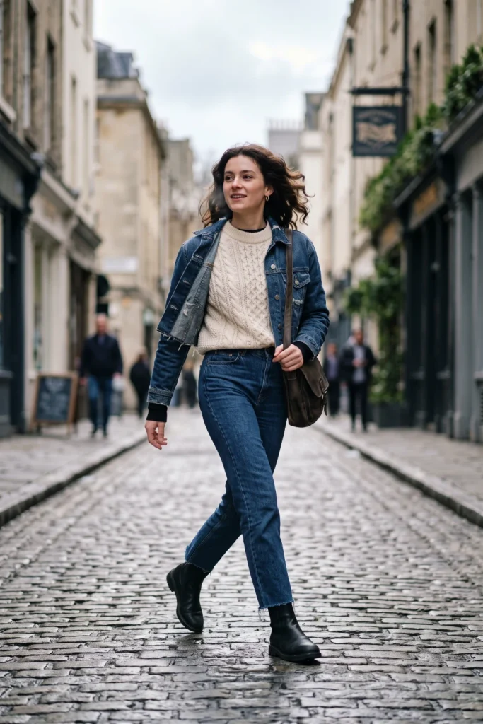 Layered cold-weather spring outfits with a chunky knit sweater and cropped denim jacket