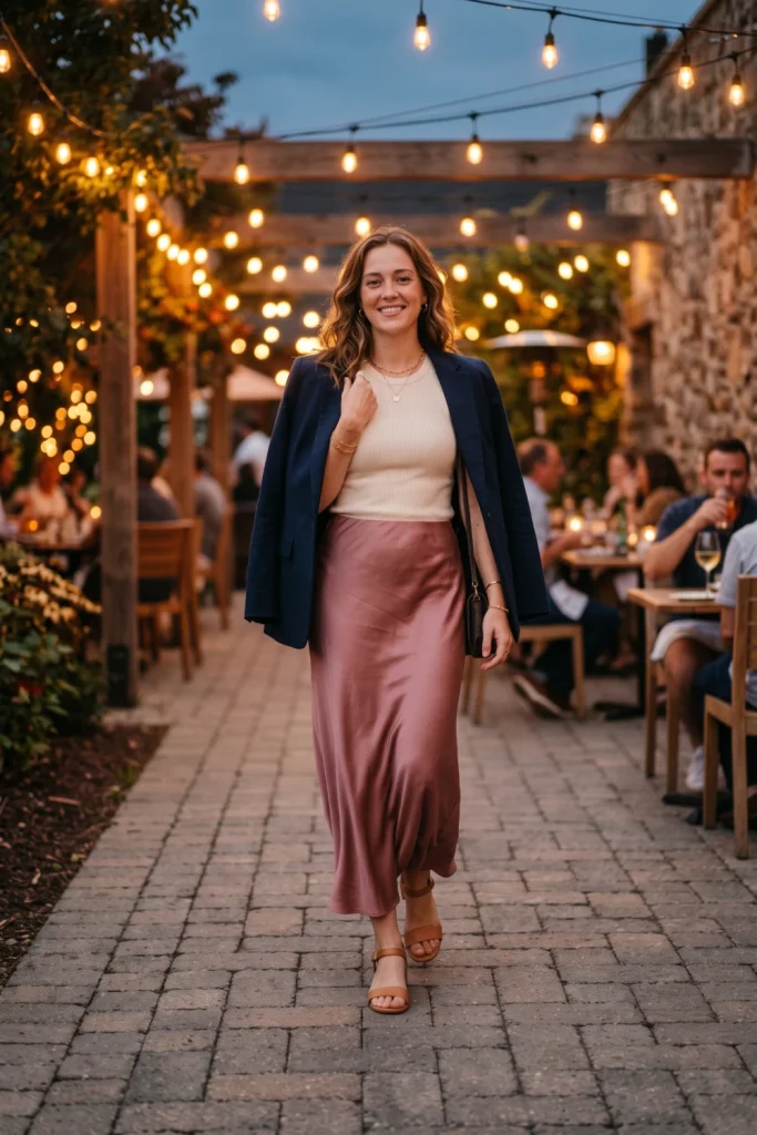 Elegant spring outfits for a dinner date featuring a slip skirt and draped blazer