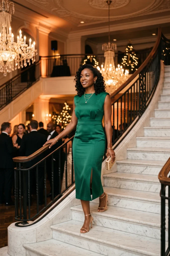 Structured emerald midi dress and gold jewelry, a dressy spring outfits option for a gala