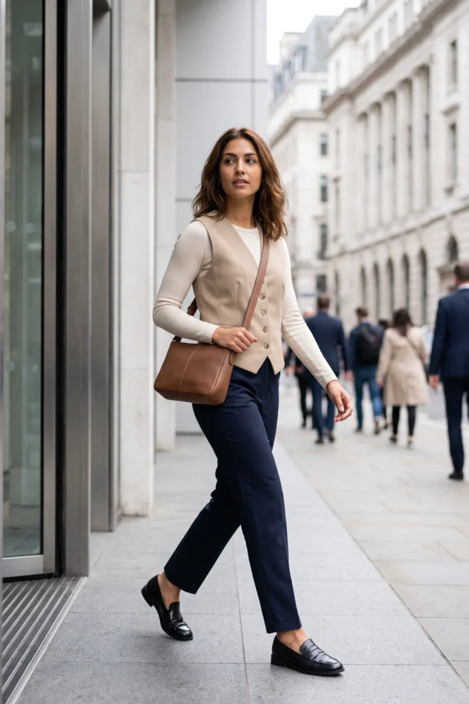 Tailored vest and straight-leg trousers, a versatile spring outfits idea for work and weekend