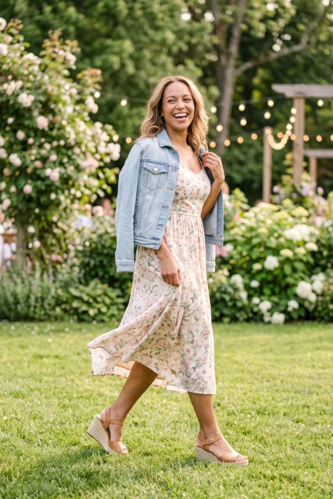 Flowy floral dress and denim jacket, a comfortable spring outfits pick for outdoor garden events