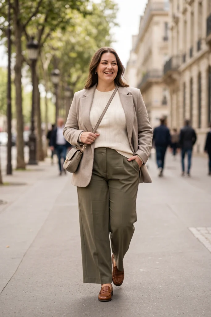 Cream knit top and olive wide-leg trousers, a size-inclusive spring outfits look with a tailored blazer