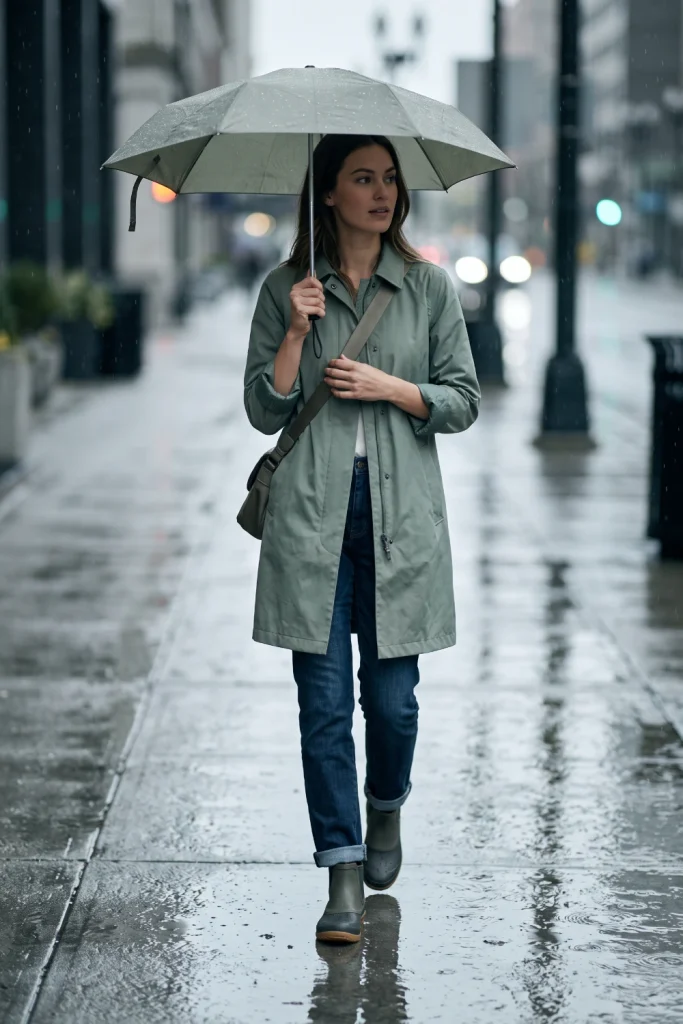 Sage green trench coat and rubber boots, a practical spring outfits pick for rainy days