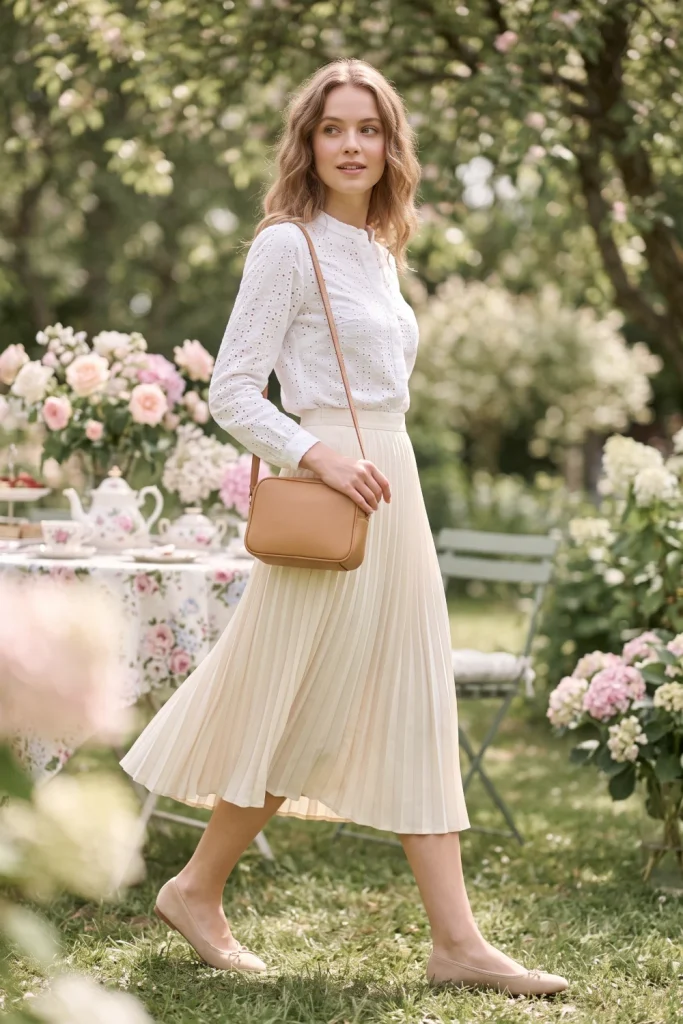 Eyelet blouse and pleated midi skirt, a delicate spring outfits choice for a tea party