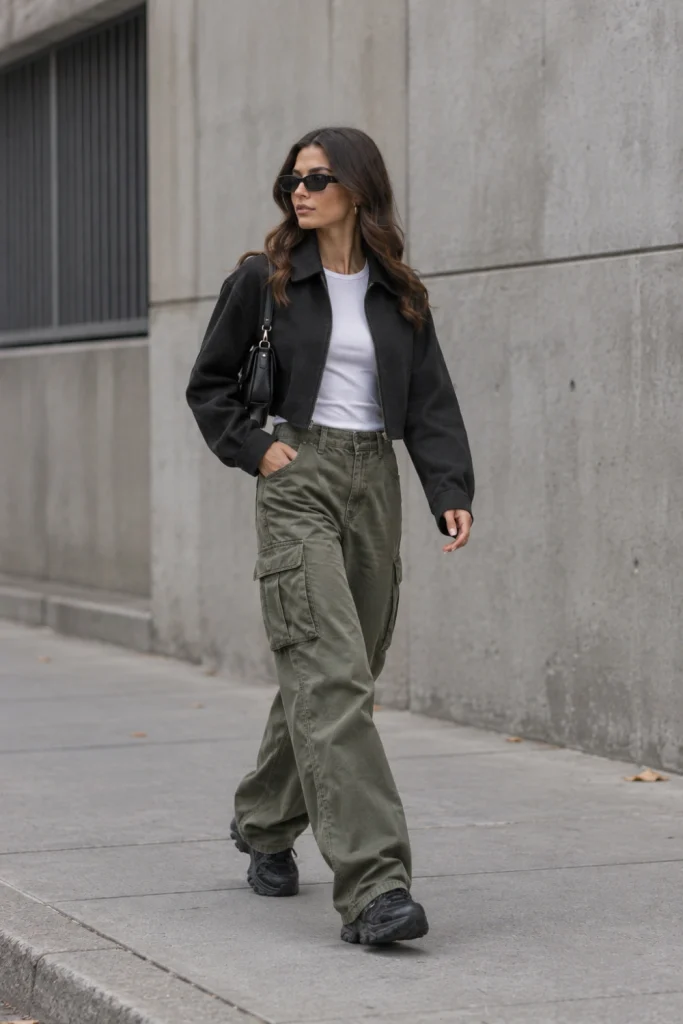 Street style outfits with olive cargo pants, a cropped black jacket and a structured mini bag