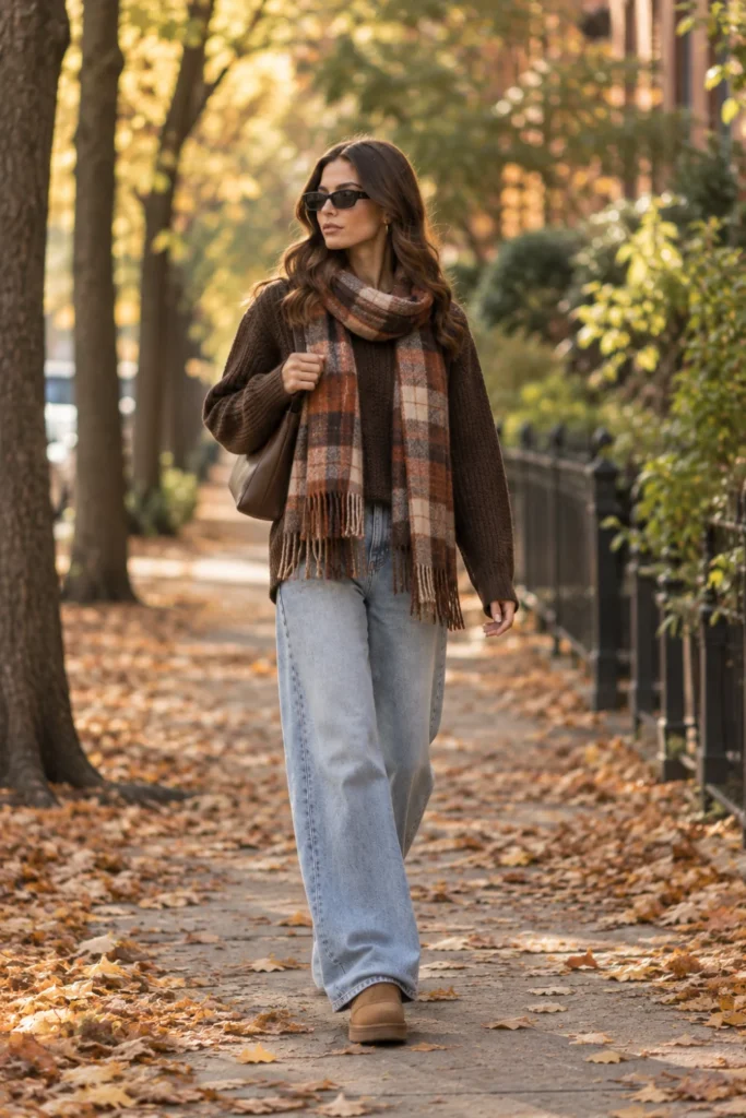 Fall street style outfits with a big plaid scarf, chunky brown knit and wide-leg jeans