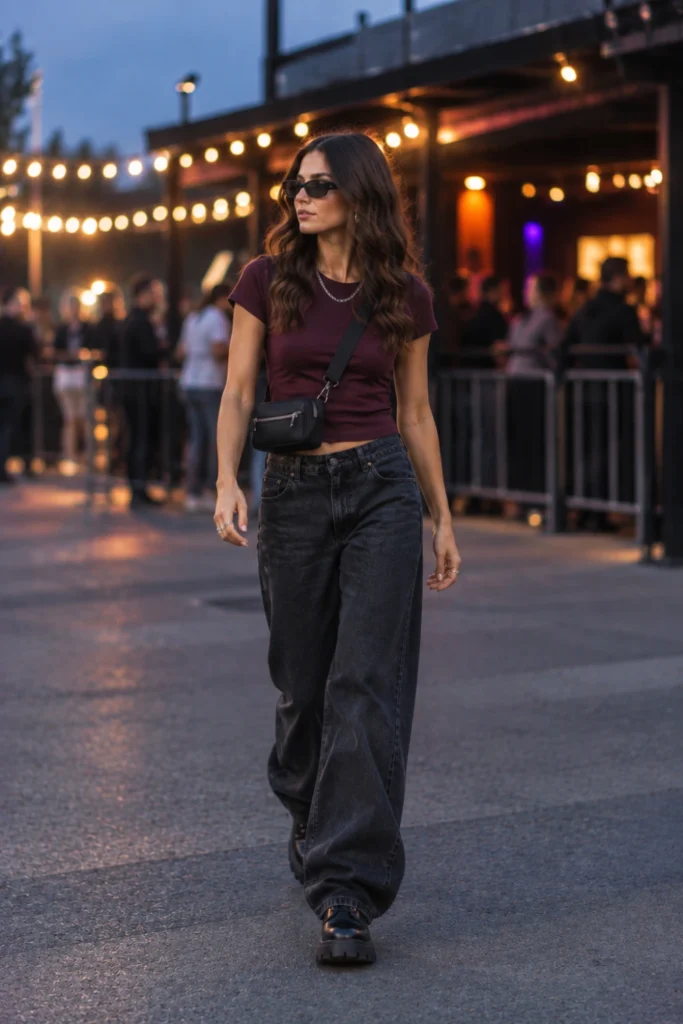 Concert street style outfits with a burgundy top, dark baggy jeans and black lug-sole boots