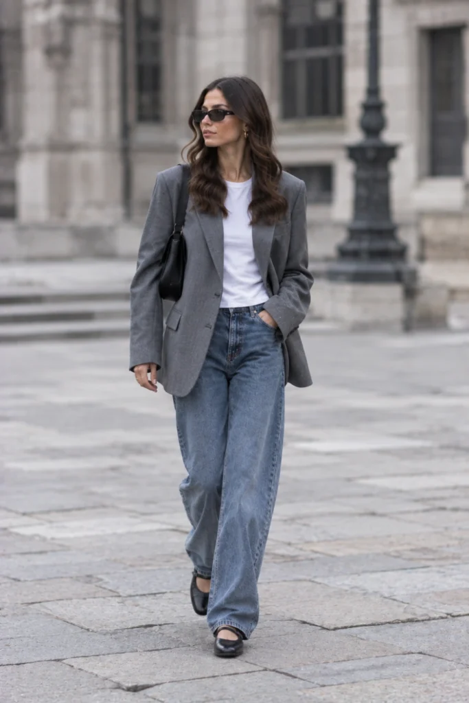 Street style outfits with Mary Jane flats, baggy jeans and an oversized grey blazer