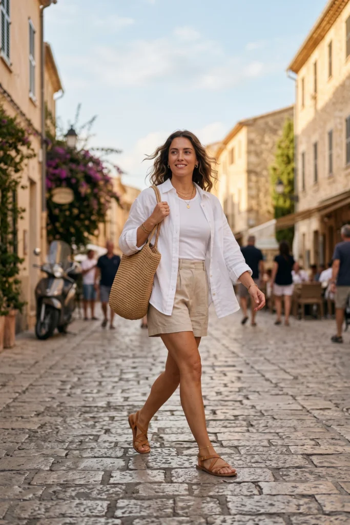 Woman walking outdoors in a linen summer outfit, part of a 2026 summer outfits women style guide