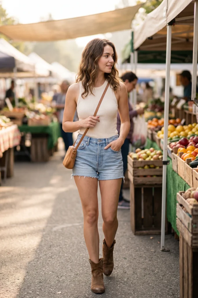 Denim shorts styled with ankle boots, an unexpected summer outfit idea for women
