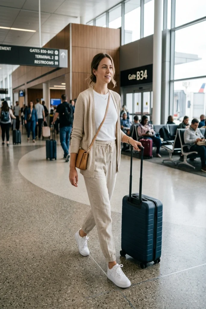 Comfortable joggers and a cardigan, a travel-friendly summer outfit for women