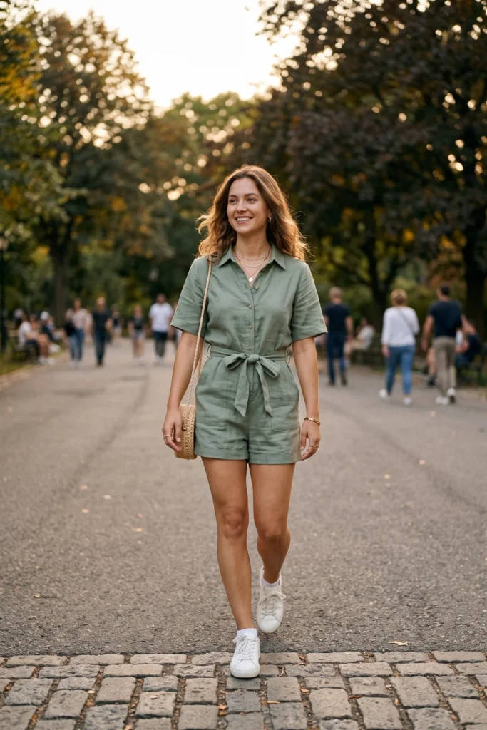 Sage green romper, an easy going-out option for summer outfits women in 2026