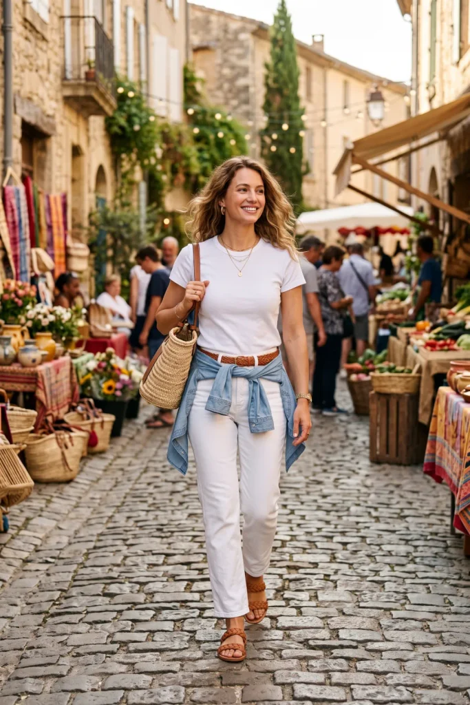 Classic white jeans and chambray jacket look for summer outfits women love