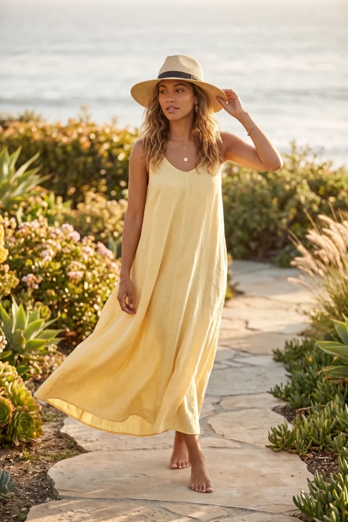 Woman in a butter-yellow maxi dress, one of this year's trending summer outfits for women