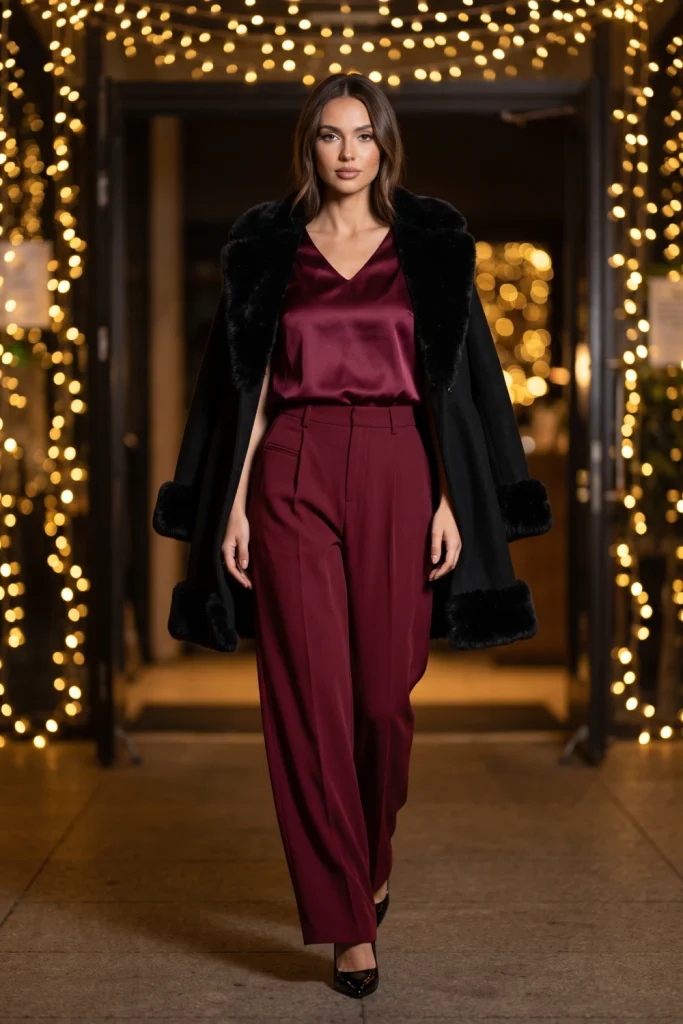 Woman styling winter outfits for the holidays with a deep burgundy satin top, matching wide-leg trousers, and a fur-trim coat.
