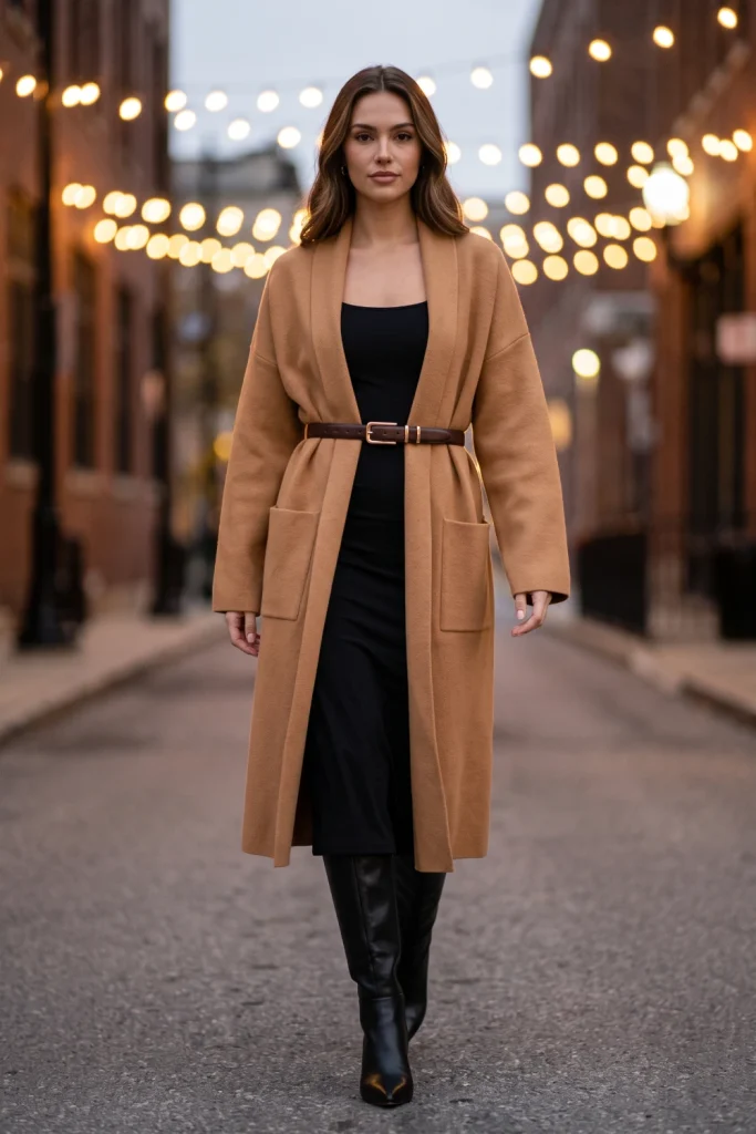 Woman in winter outfits walking downtown at dusk wearing an oversized camel cardigan, black slip dress, and tall black boots.