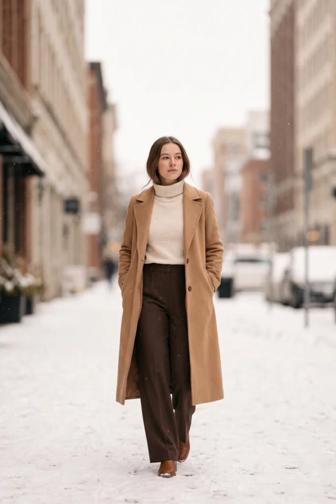 Woman walking in snowy streets wearing stylish winter outfits with a camel coat and cream sweater.