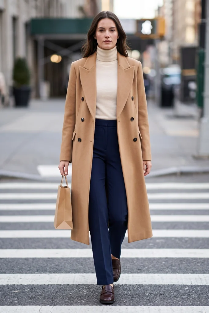 Woman crossing a city street styling refined winter outfits with a camel coat, navy trousers, and dark brown loafers.