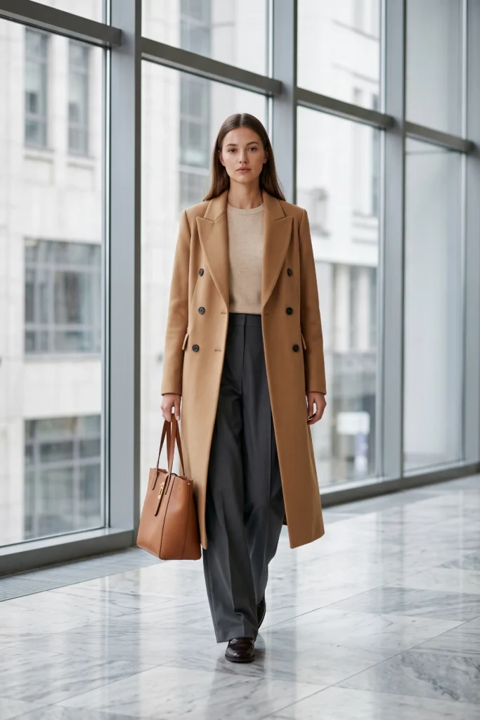 Woman styling polished winter outfits with a double-breasted camel overcoat, charcoal wide-leg trousers, and tan leather tote.