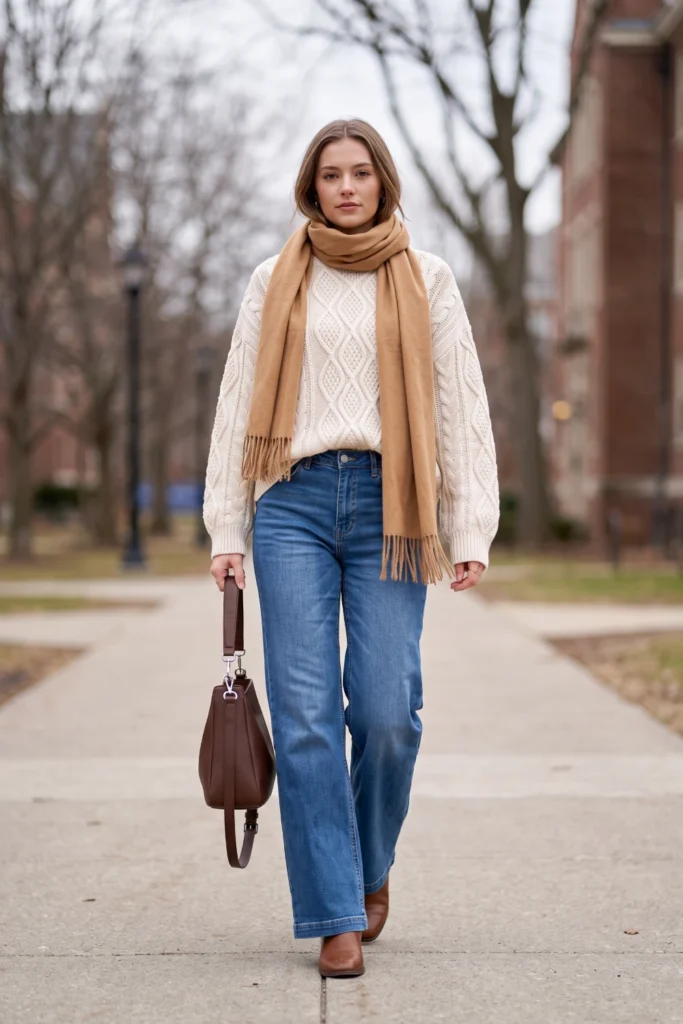 Woman strolling a campus path styling cozy winter outfits with a cream cable-knit sweater, wide-leg jeans, and a tan scarf.
