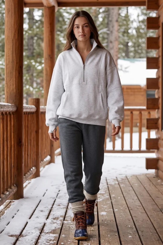 Woman in winter outfits walks across a cabin porch wearing a grey quarter-zip pullover and two-tone duck boots.
