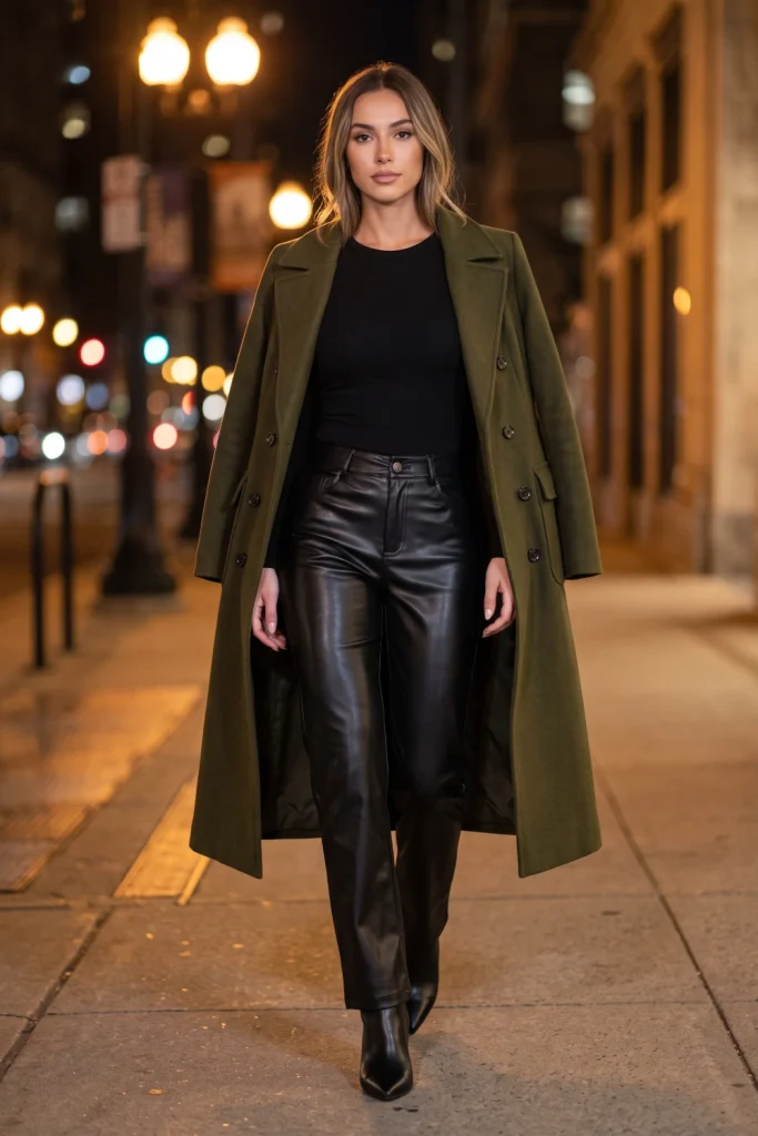 Woman styling evening winter outfits with high-waisted faux leather pants, a fitted black top, and an olive tailored coat.
