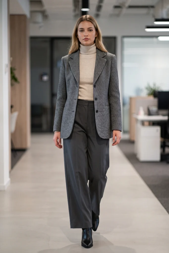 A woman model walks in a modern hallway wearing winter outfits: a herringbone blazer, oatmeal turtleneck, and charcoal wide-leg trousers.