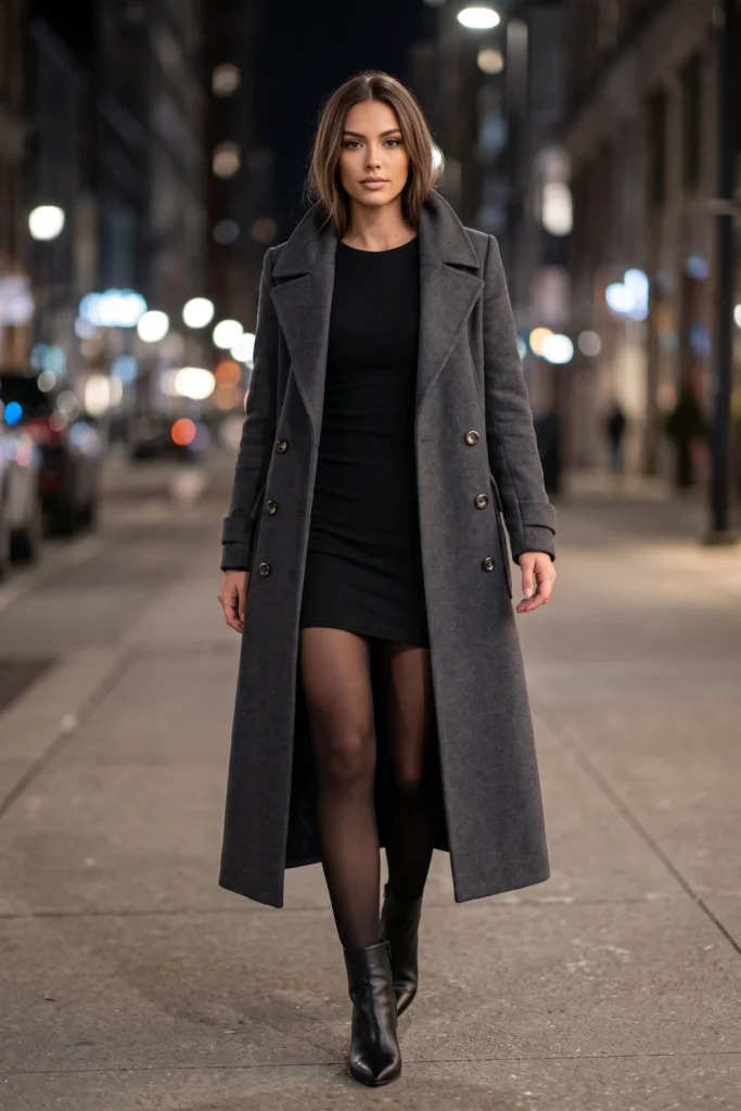 Woman styling winter outfits with a little black dress, charcoal grey coat, and heeled boots at night.