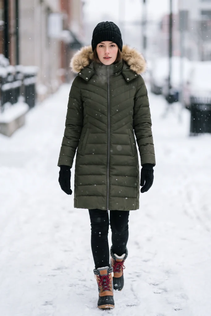 Woman wearing practical winter outfits with an olive green parka, knit beanie, and duck boots on a snowy street.
