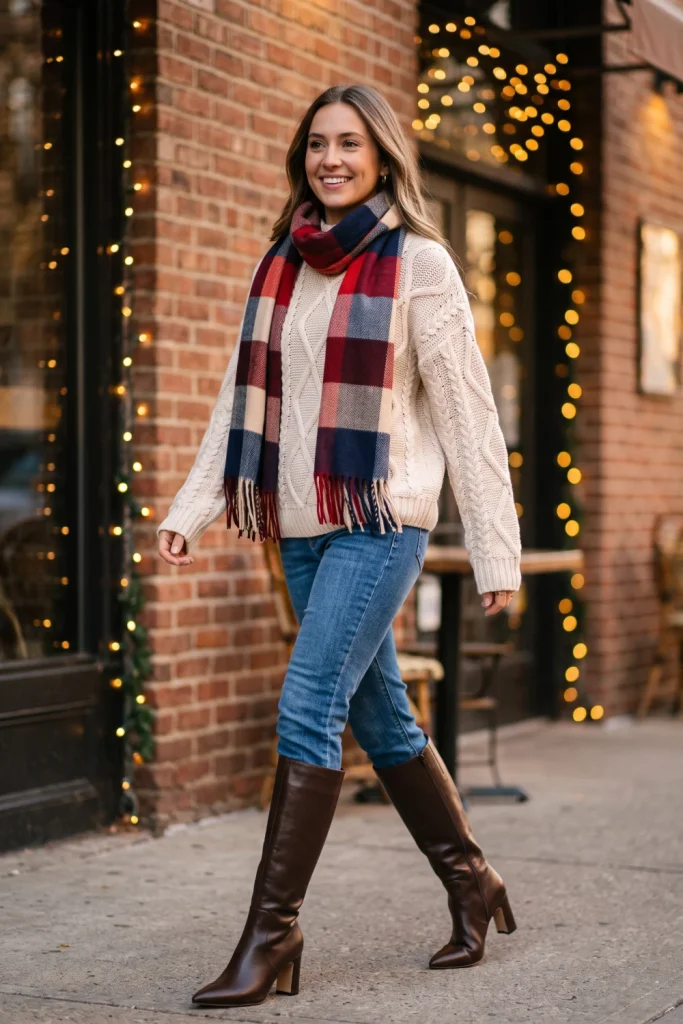 Woman enjoying outdoor stroll in cozy winter outfits featuring a plaid scarf, chunky cable-knit sweater, and brown boots.