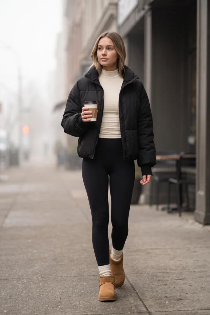 Woman enjoying a morning coffee run wearing casual winter outfits with a black puffer jacket, leggings, and mini boots.