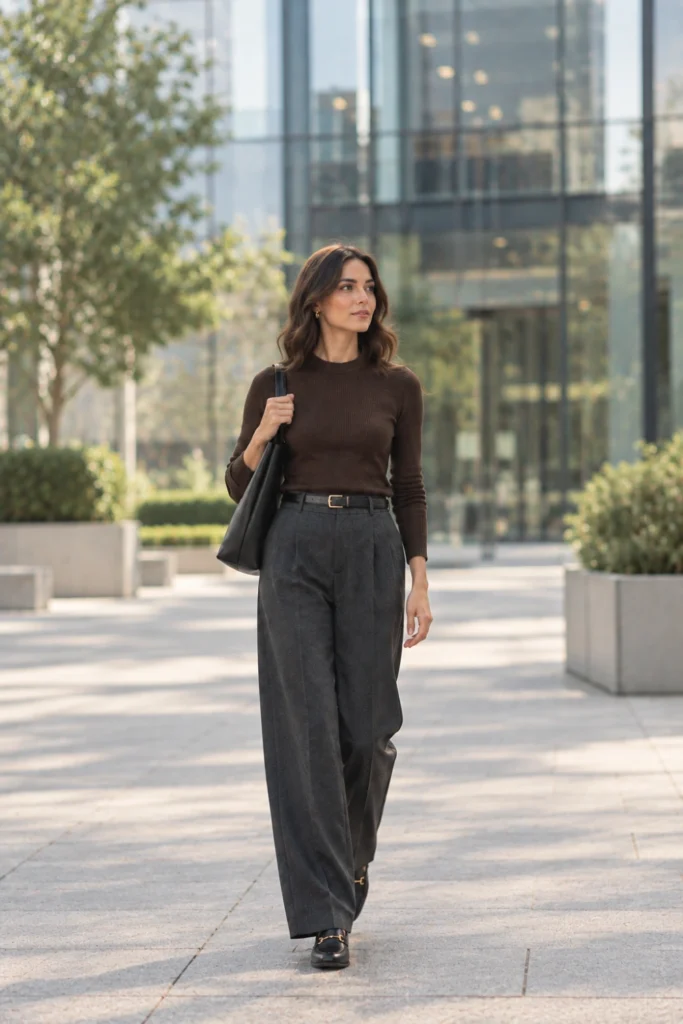 Work outfits idea: chocolate brown fitted top with charcoal wide-leg trousers and black loafers
