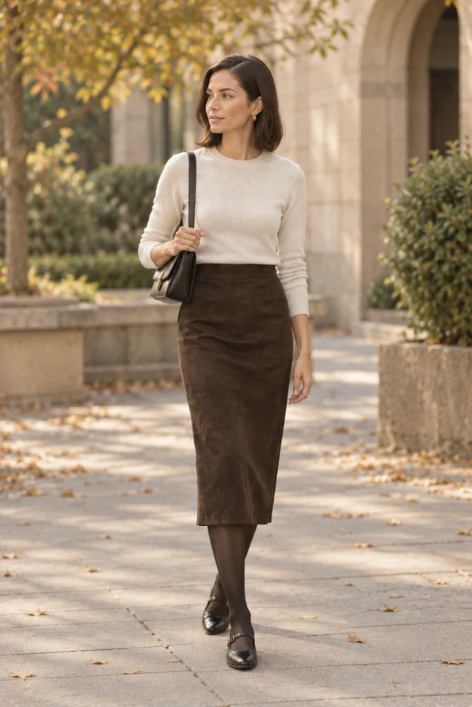 Faux suede midi skirt with a fitted knit and Mary Janes for textured work outfits