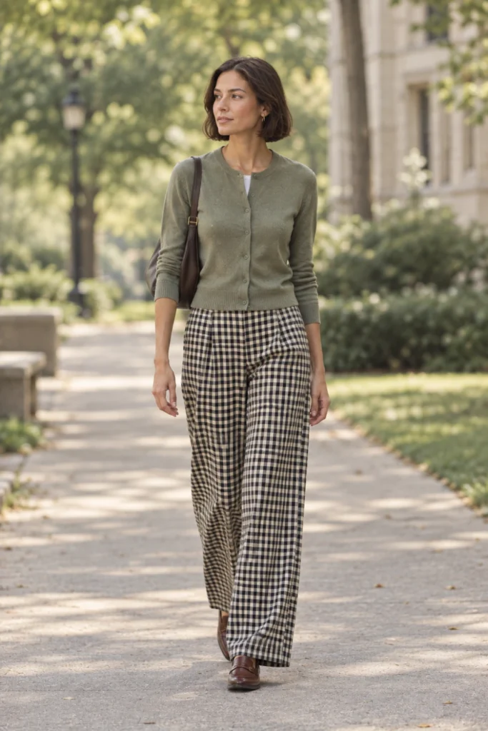 Green cardigan buttoned up as a top with checked trousers for relaxed work outfits