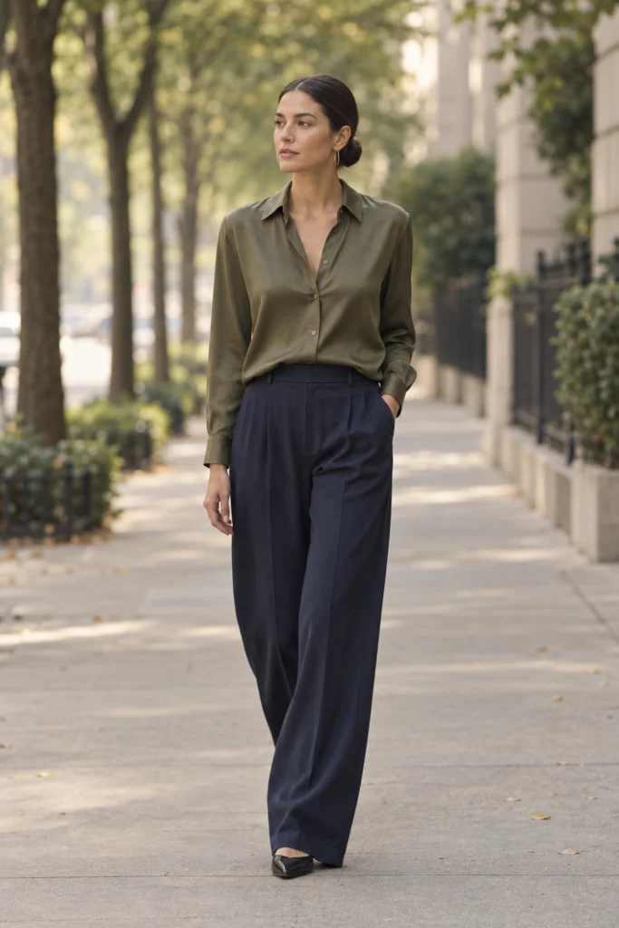 Olive blouse and navy wide-leg trousers, an easy pairing for work outfits on client days